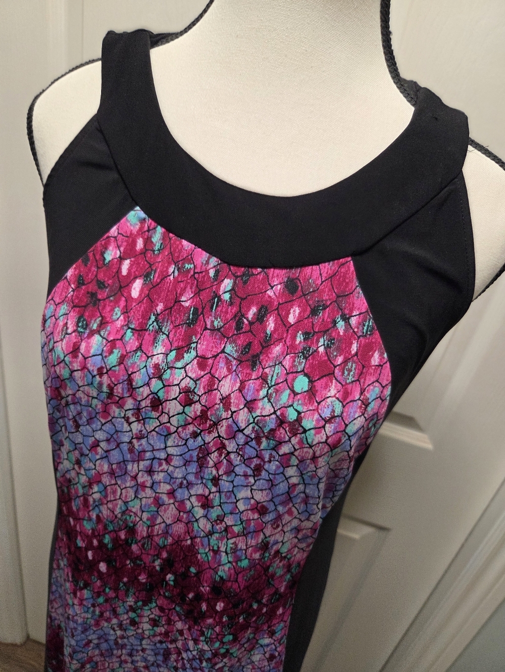 Black Halter Dress with Pink & Teal Mosaic Front Panel